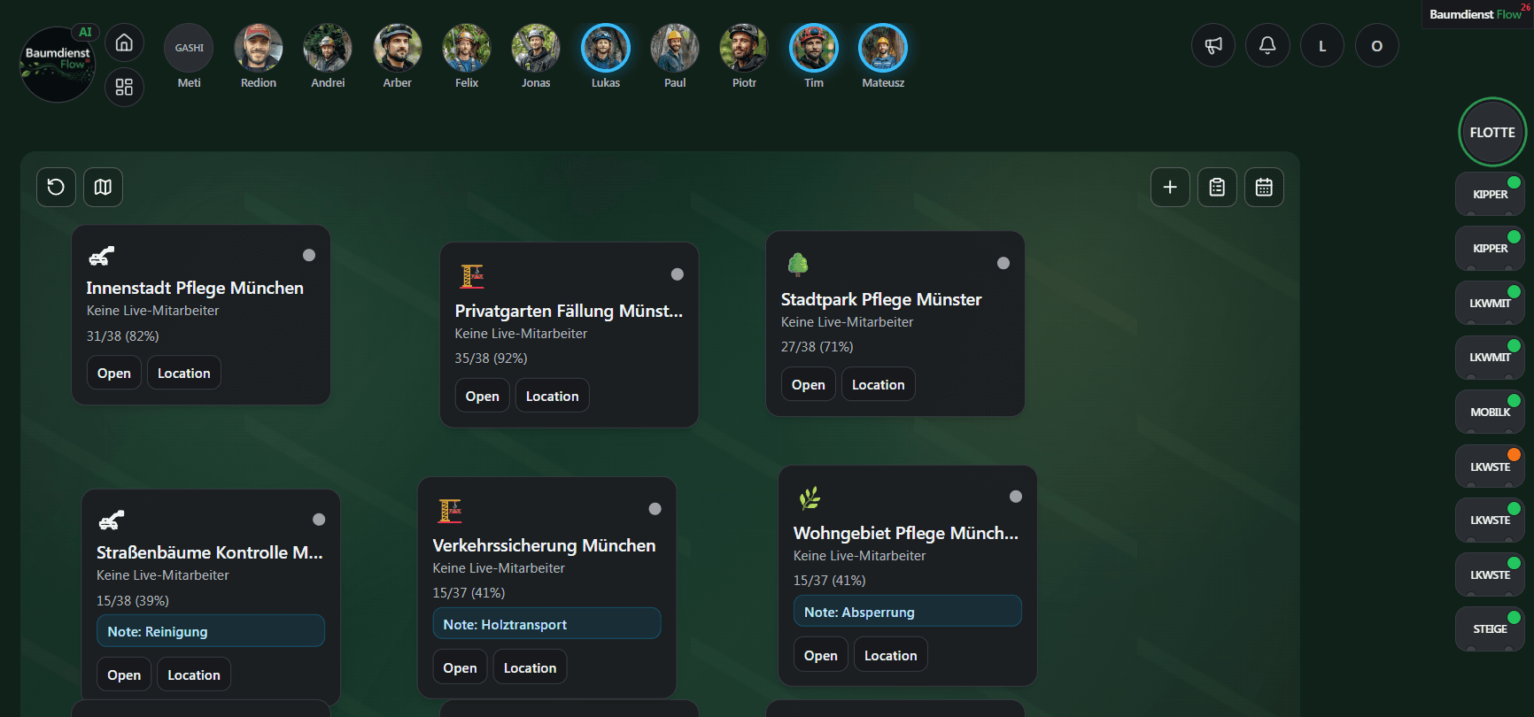 BaumdienstFlow Workzone board showing active job sites
