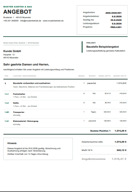 Professional quotation generated by Baustelle Calculator