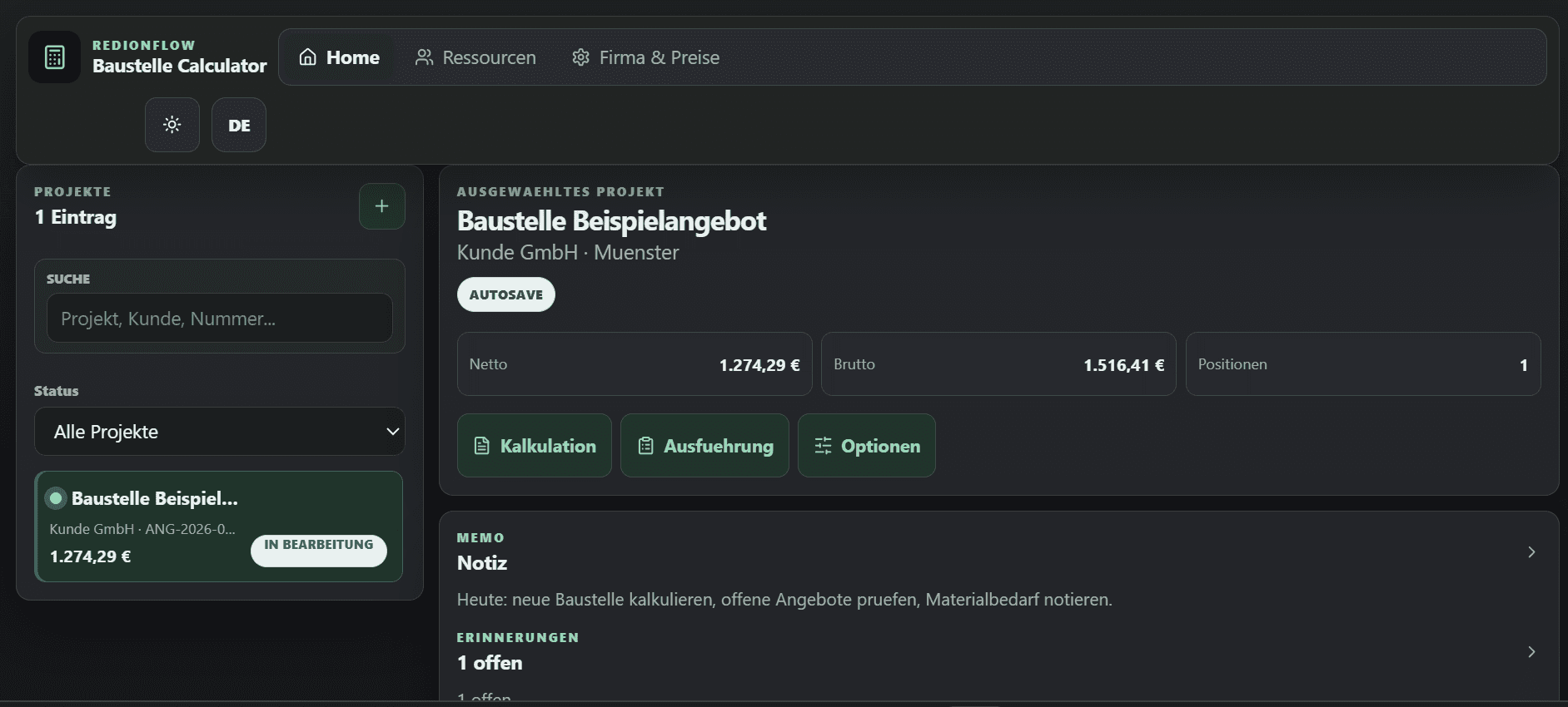 Baustelle Calculator project dashboard with totals, status and workflow actions